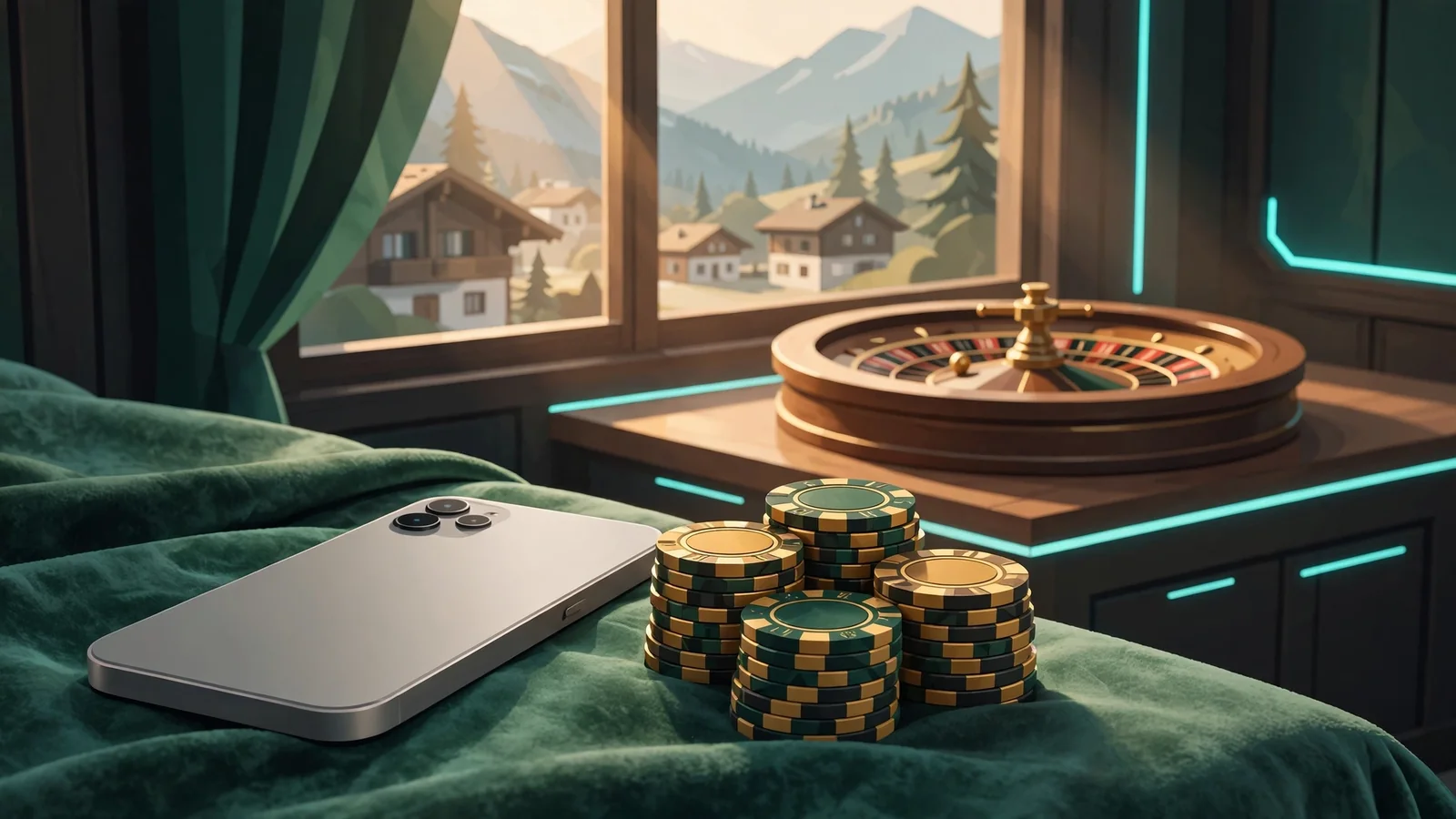 Smartphone mit Casino-Chips und Roulette in österreichischem Ambiente