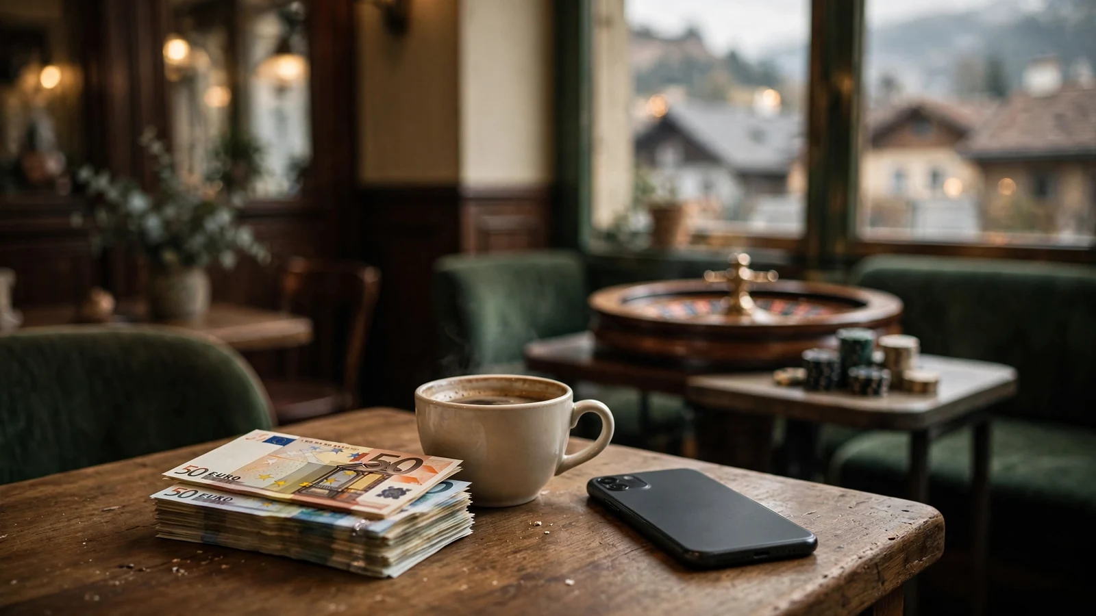 Euro-Banknoten und Kaffeetasse in einem Wiener Café mit Roulette-Rad im Hintergrund