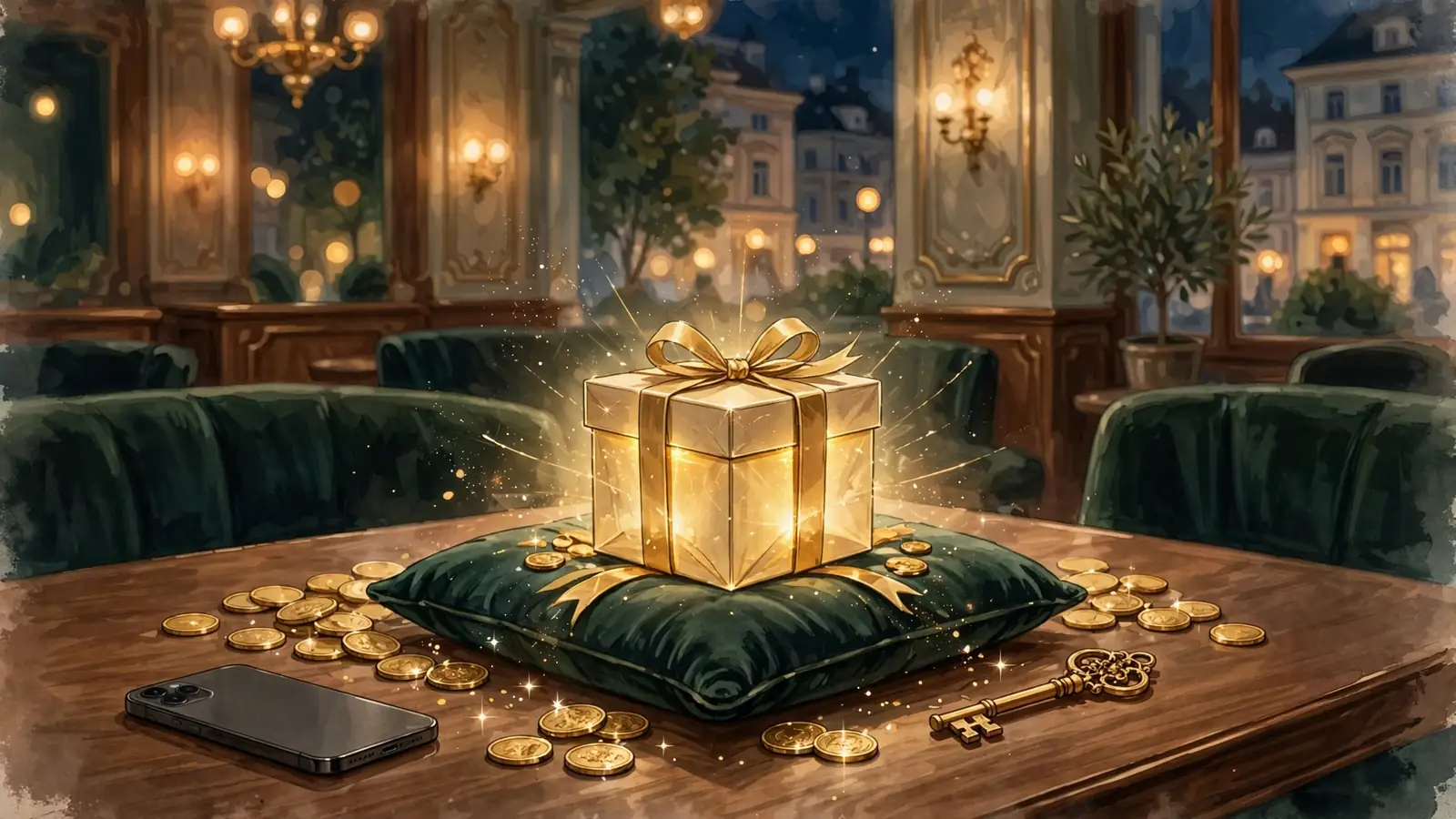 Stilisierte Szene eines österreichischen Casino-Lounges mit einer goldenen Geschenkbox als Willkommensbonus-Symbol.