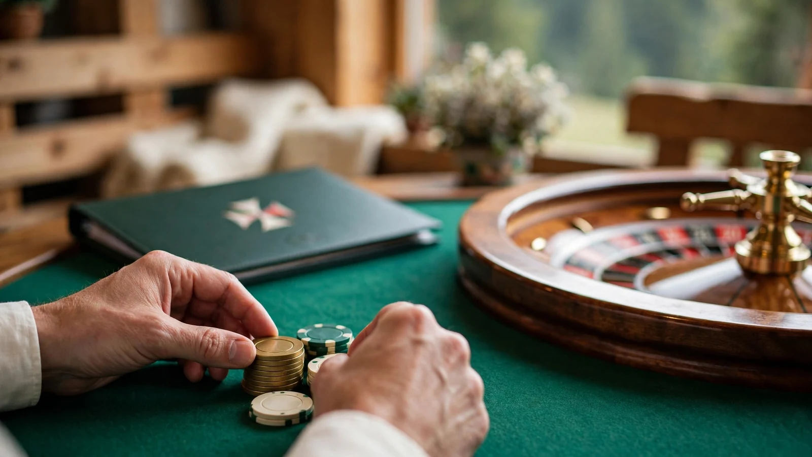 Casino-Chips auf einem Spieltisch neben einem offiziellen Lizenzdokument mit maltesischem Wappen
