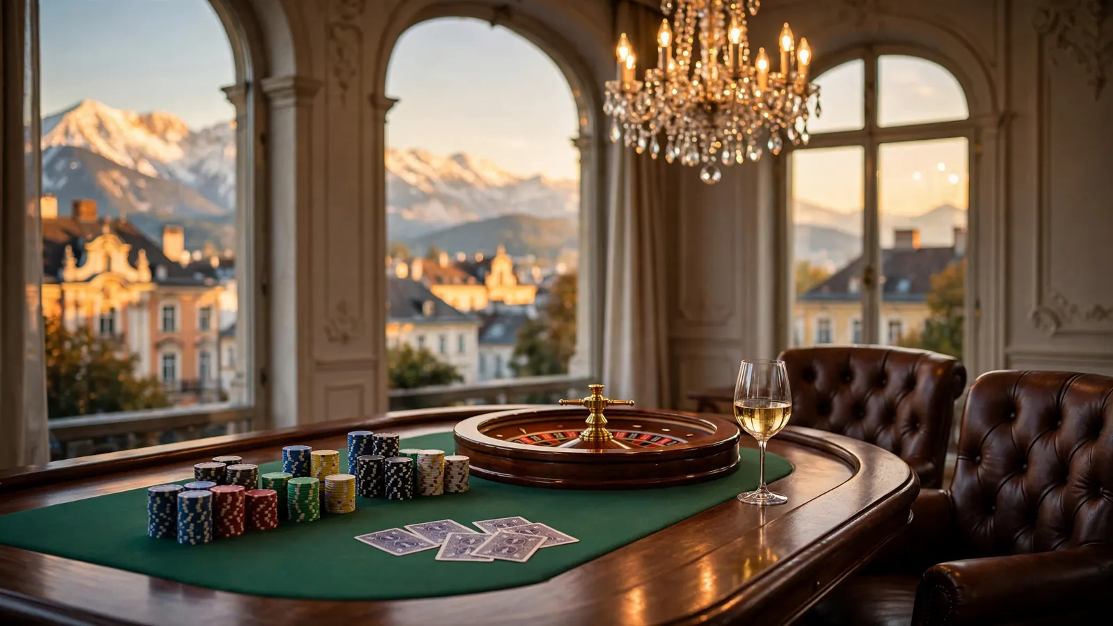 Casino-Tisch mit Chips und Roulette vor österreichischer Alpenkulisse bei warmem Abendlicht