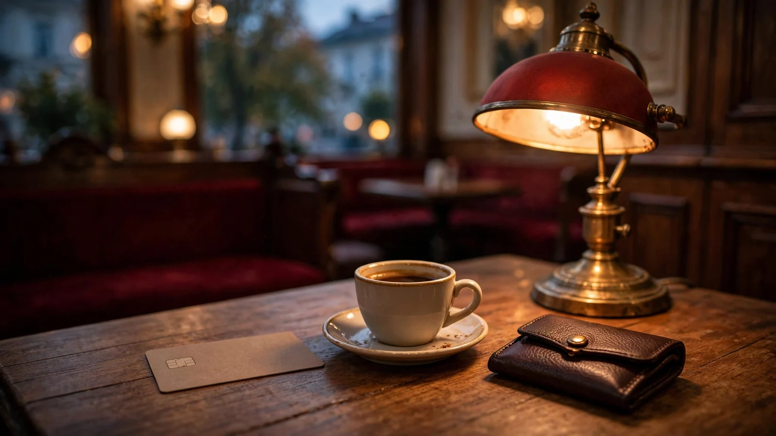 Prepaid-Gutschein auf einem Holztisch in Wiener Kaffeehaus-Atmosphäre