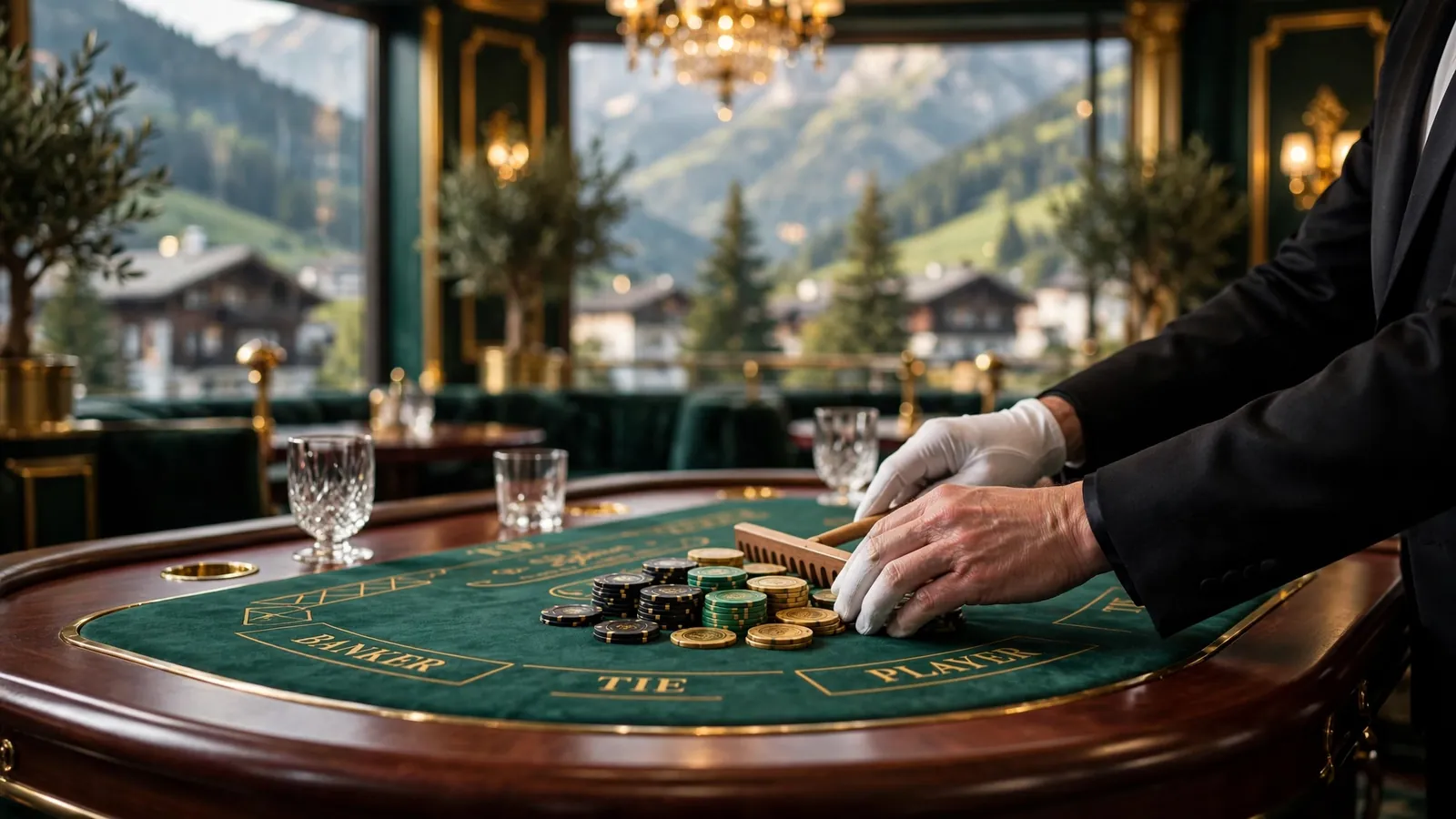 Eleganter Live-Casino-Tisch mit Baccarat-Ausstattung in einem luxuriösen österreichischen Studio