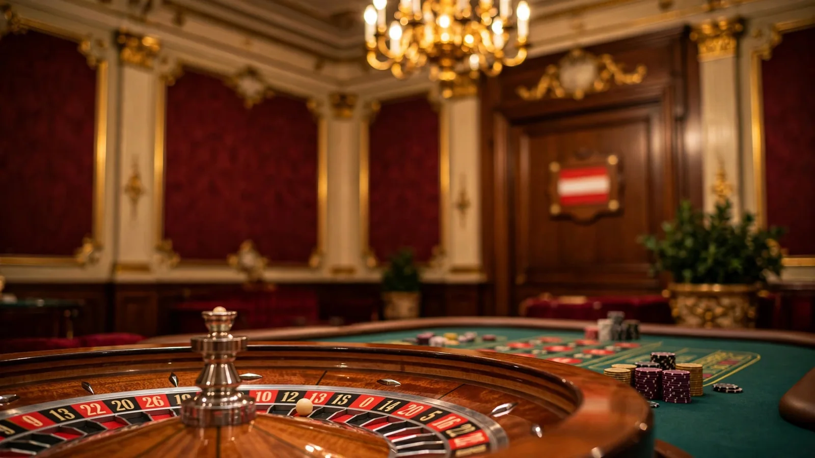 Klassisches Wiener Casino mit Roulette-Tisch und österreichischer Flagge
