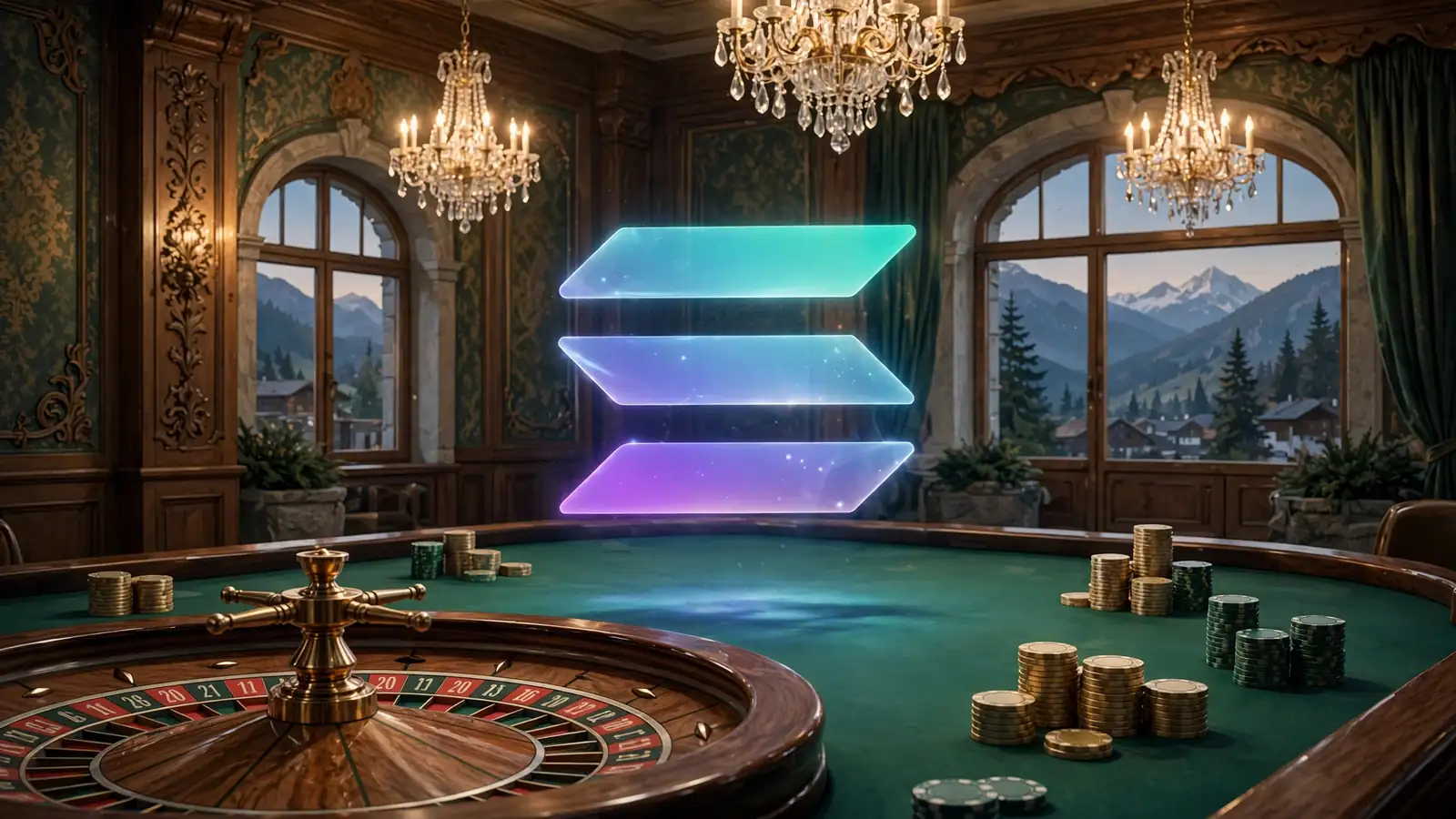 Stilisierte Casinoszene mit Roulette und schwebendem Solana-Symbol in österreichischem Ambiente.