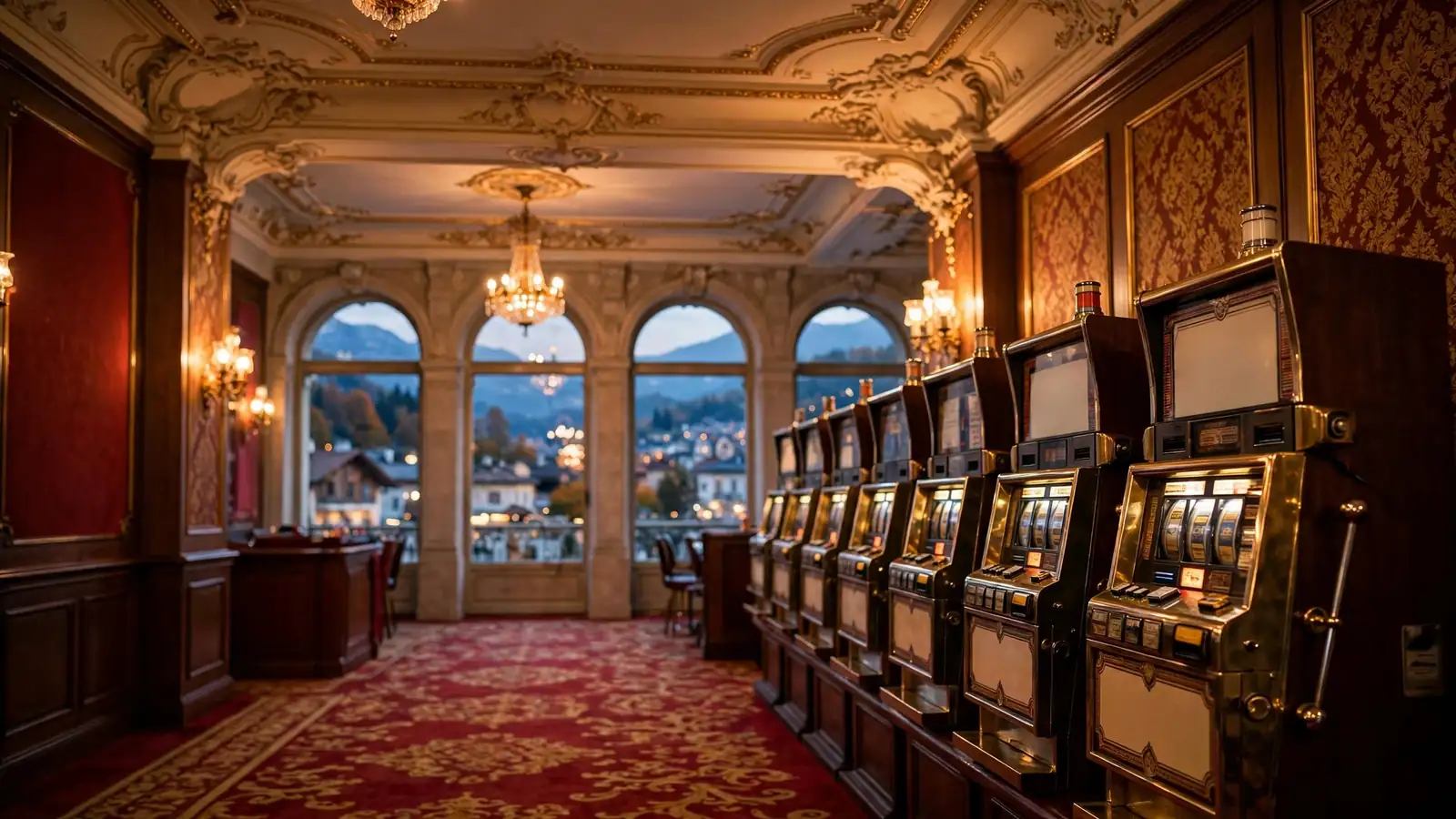 Stilvolles österreichisches Casino mit Spielautomaten und alpiner Aussicht