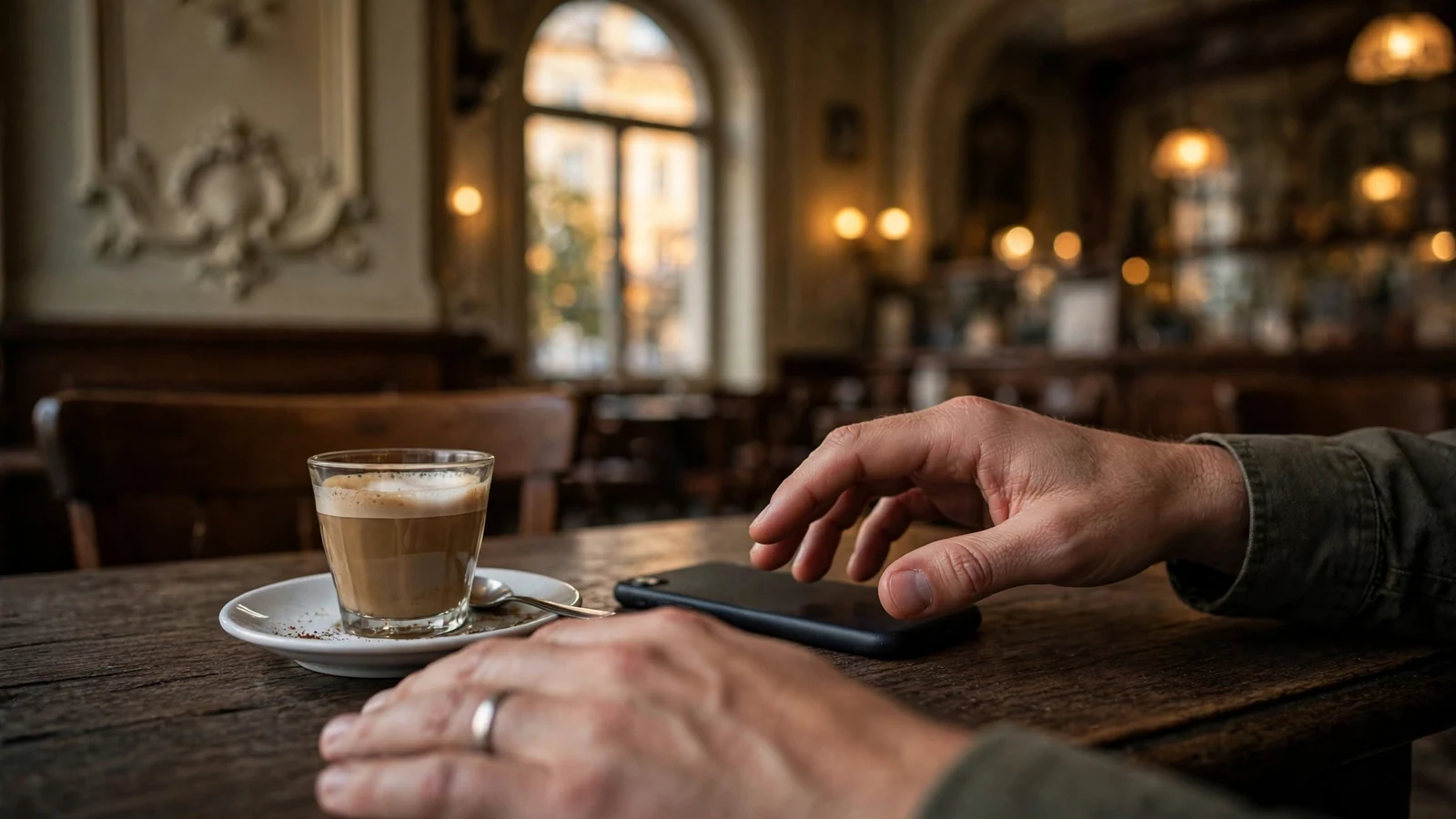Hände auf Wiener Kaffehaustisch neben Smartphone, Symbol für Hilfesuche und Selbstreflexion