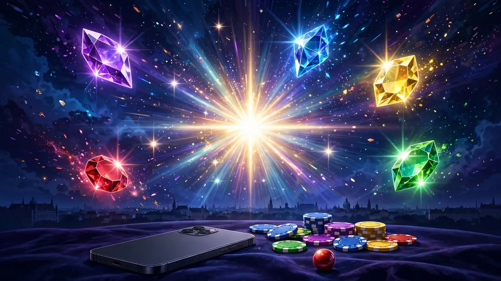 Kosmische Casino-Szene mit leuchtenden Edelsteinen, Smartphone und Jetons vor Wiener Skyline
