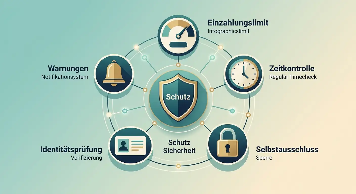 Schematische Darstellung der integrierten Spielerschutz-Mechanismen einer österreichisch konzessionierten Online-Plattform mit Limits, Selbstsperre und Realitäts-Check